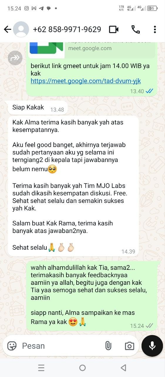 Chat WhatsApp peserta setelah sesi konsultasi private