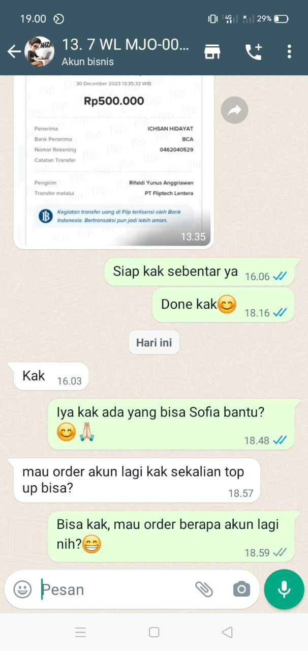 Percakapan WhatsApp client MJO DigitalCrafts
